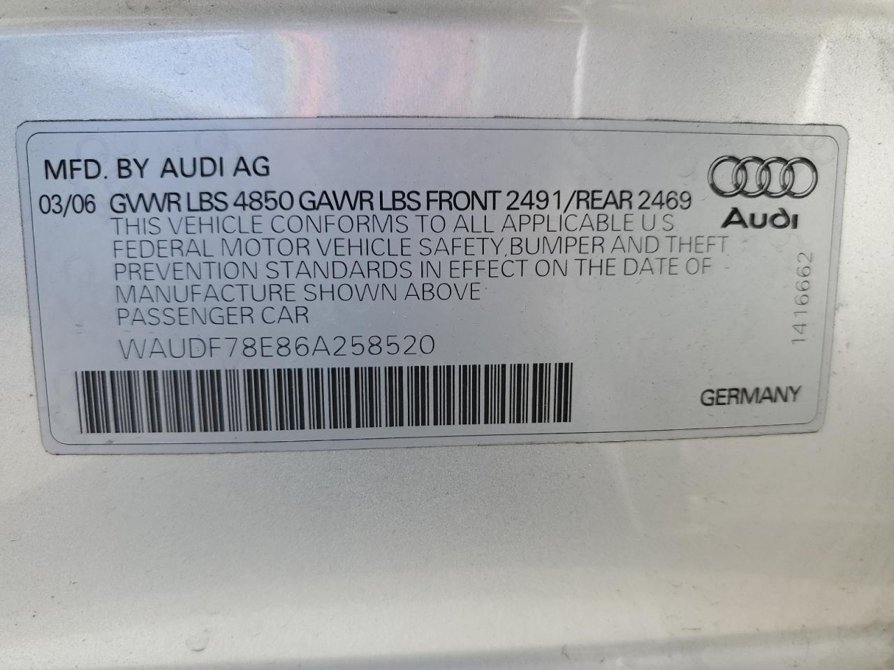 2006 Audi A4 2.0T Quattro VIN: WAUDF78E86A258520 Lot: 62918405