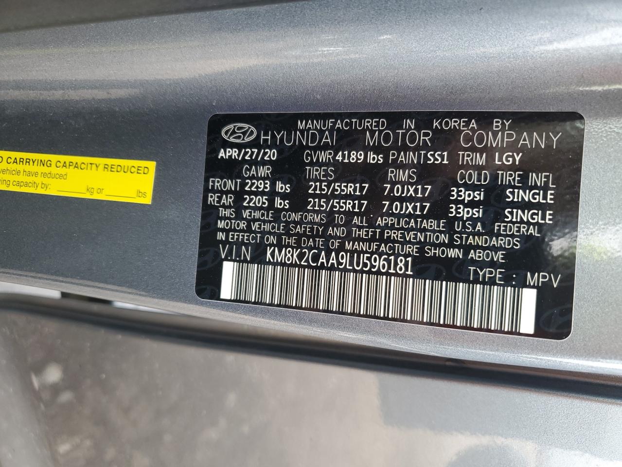 2020 Hyundai Kona Sel VIN: KM8K2CAA9LU596181 Lot: 61811915