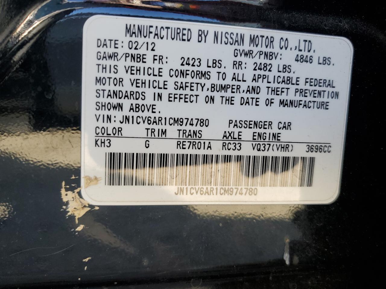 2012 Infiniti G37 VIN: JN1CV6AR1CM974780 Lot: 61856515