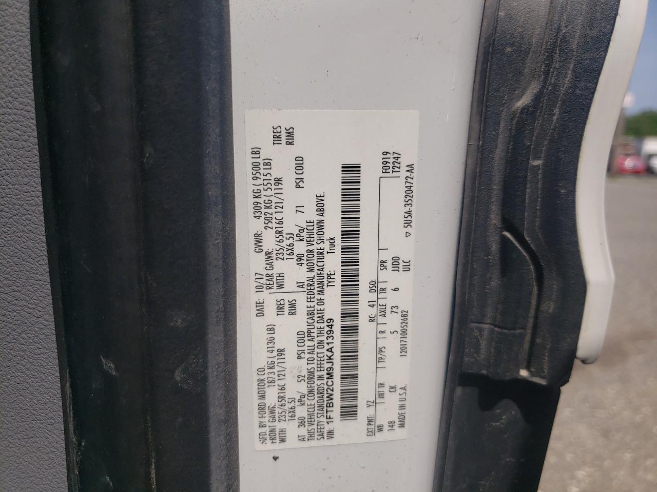 2018 Ford Transit T-350 VIN: 1FTBW2CM9JKA13949 Lot: 60779035