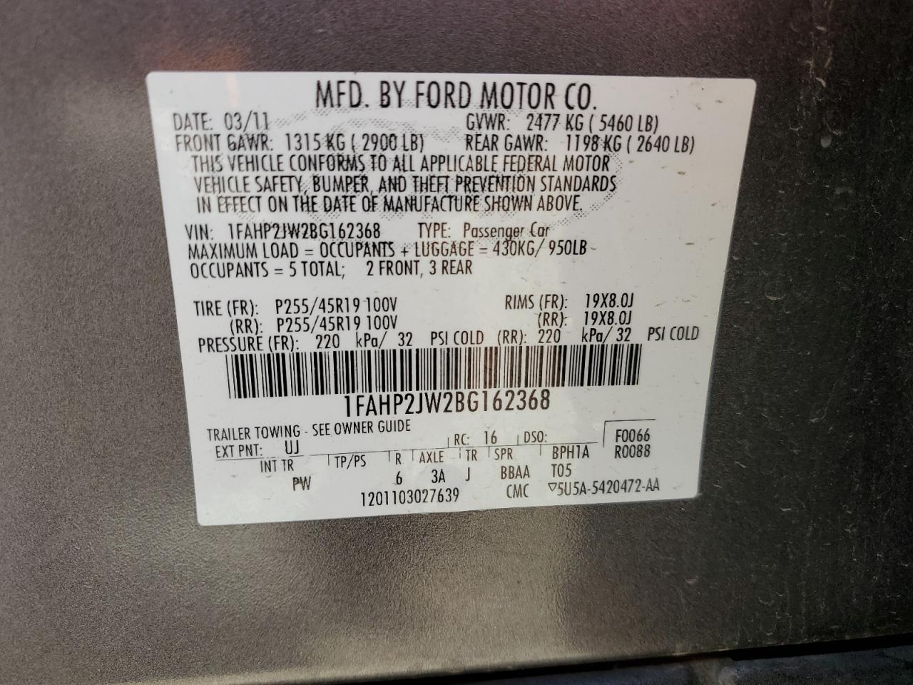 2011 Ford Taurus Limited VIN: 1FAHP2JW2BG162368 Lot: 62386595