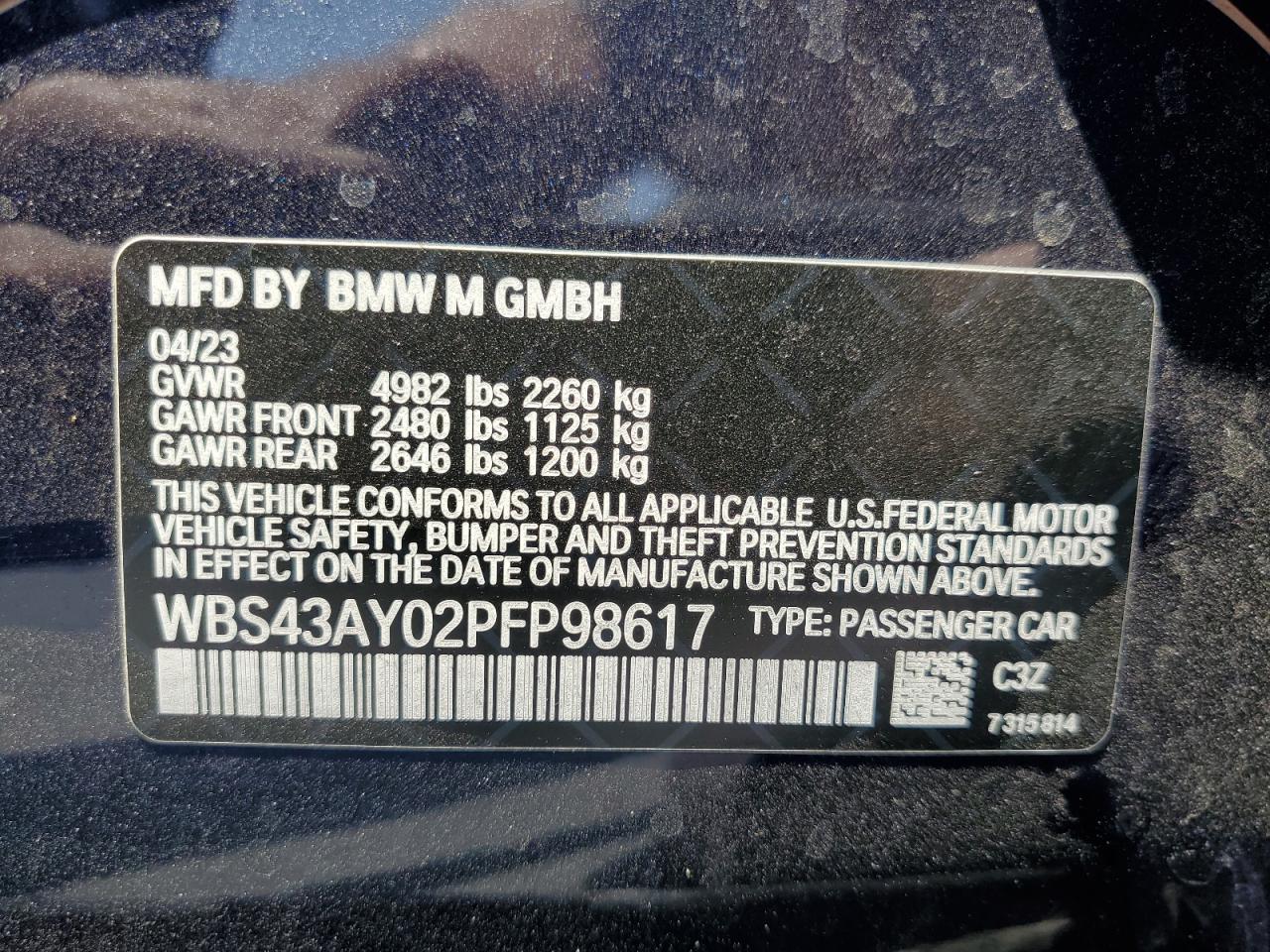 2023 BMW M3 Competition VIN: WBS43AY02PFP98617 Lot: 62189915