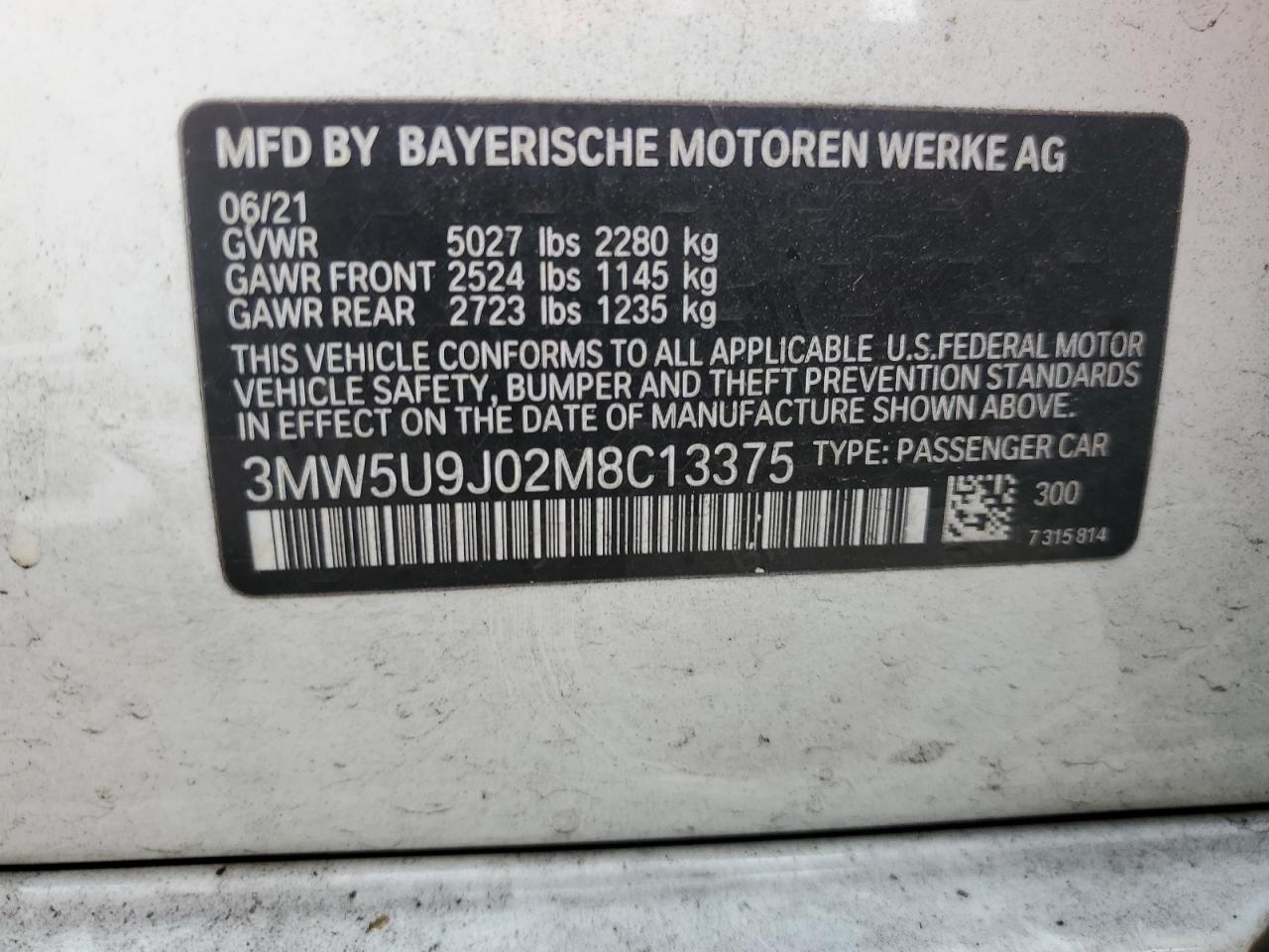 2021 BMW M340Xi VIN: 3MW5U9J02M8C13375 Lot: 61607005