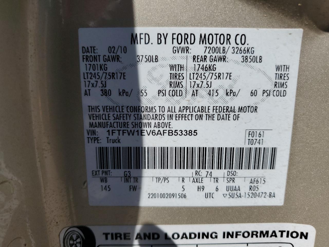 2010 Ford F150 Supercrew VIN: 1FTFW1EV6AFB53385 Lot: 62673395