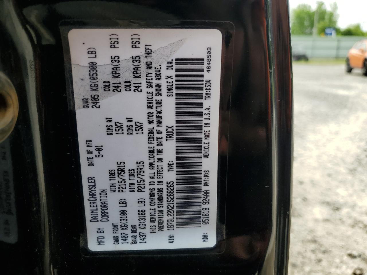 2001 Dodge Dakota VIN: 1B7GL22X21S288265 Lot: 59529585