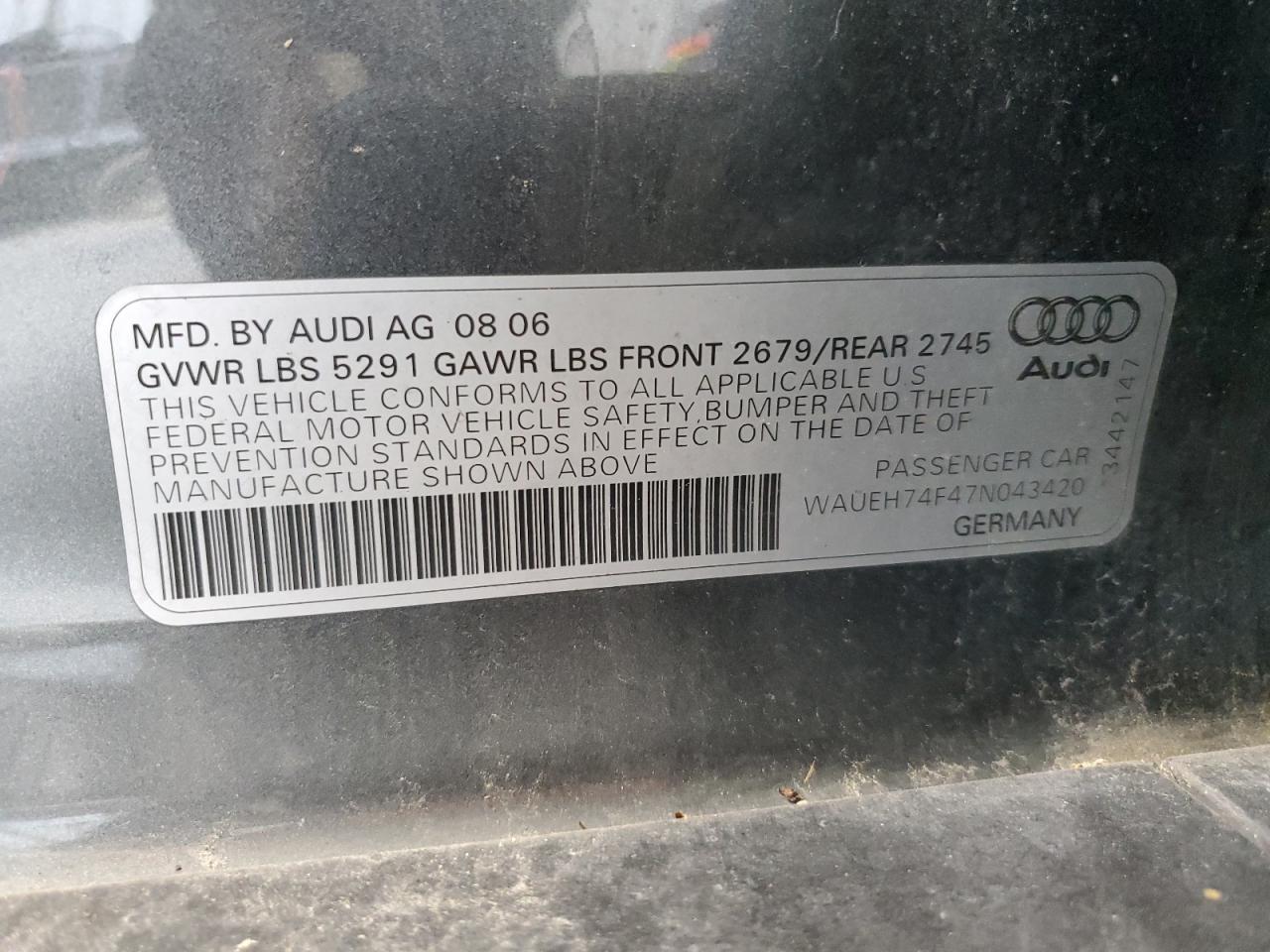 2007 Audi A6 S-Line Quattro VIN: WAUEH74F47N043420 Lot: 60052735