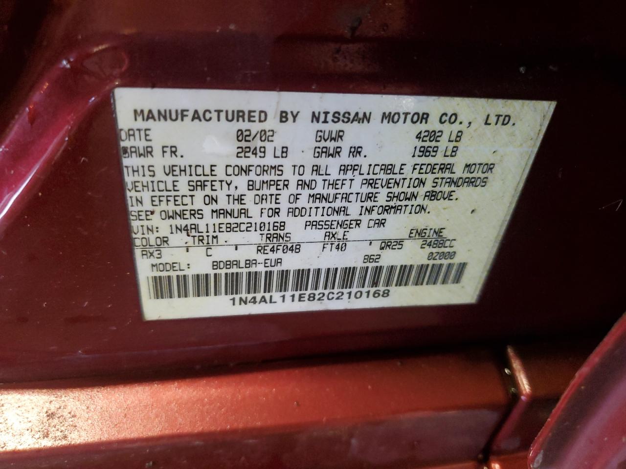 2002 Nissan Altima Base VIN: 1N4AL11E82C210168 Lot: 61763435