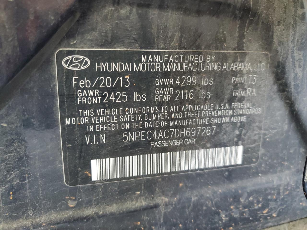2013 Hyundai Sonata Se VIN: 5NPEC4AC7DH697267 Lot: 62632455