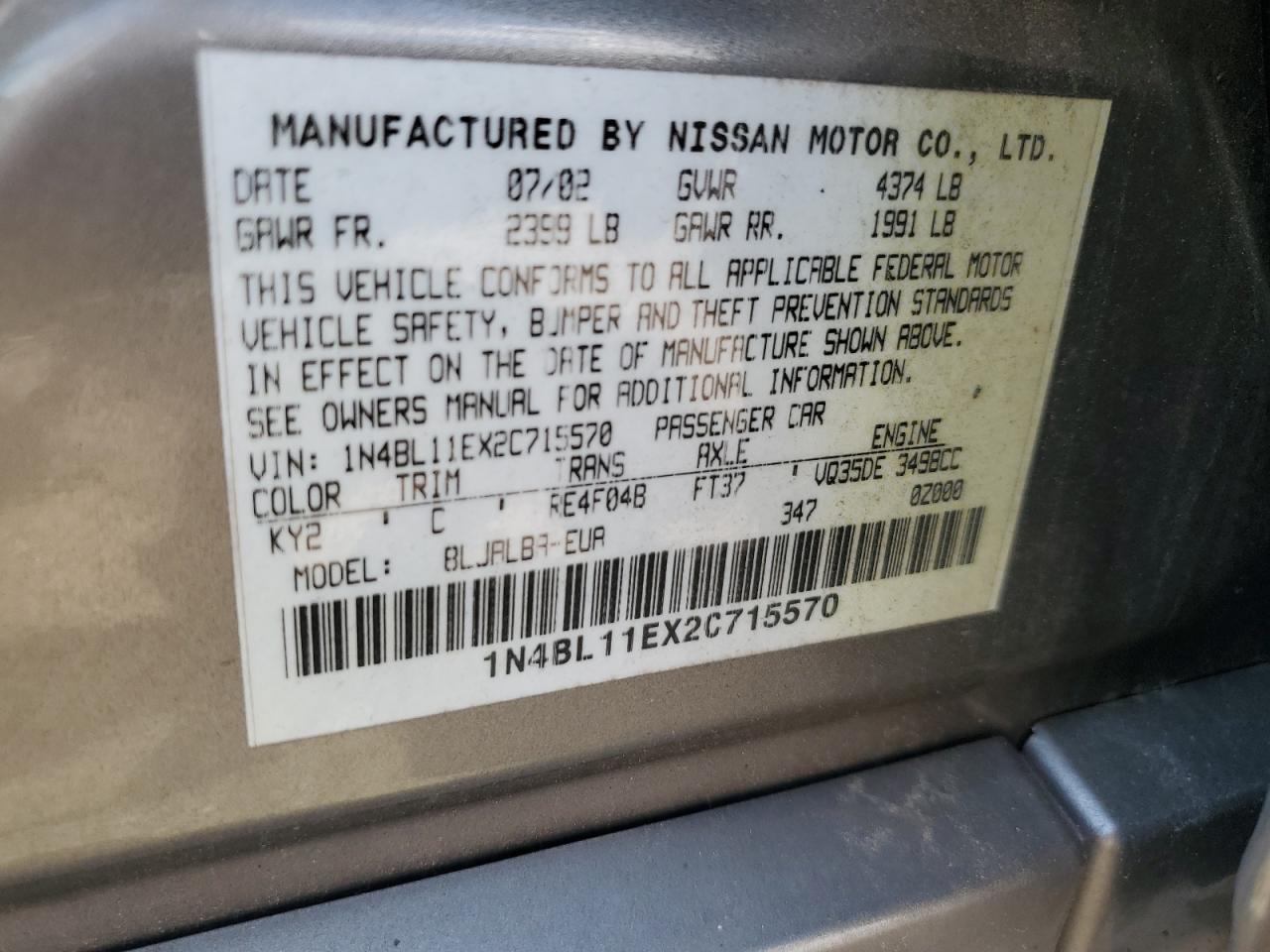 NISSAN ALTIMA 2002 VIN 1N4BL11EX2C715570 фото 13