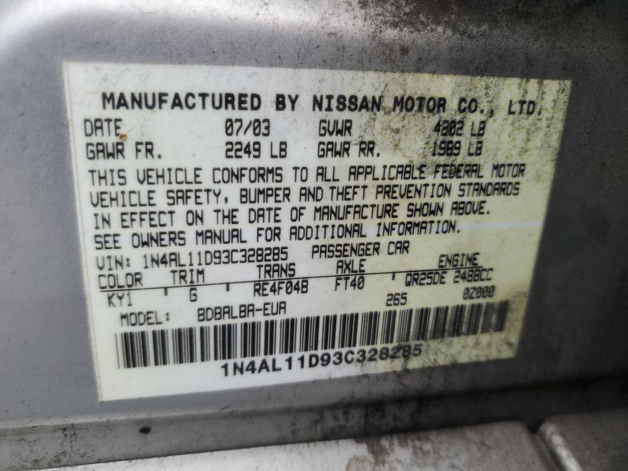 2003 Nissan Altima Base VIN: 1N4AL11D93C328285 Lot: 59962395