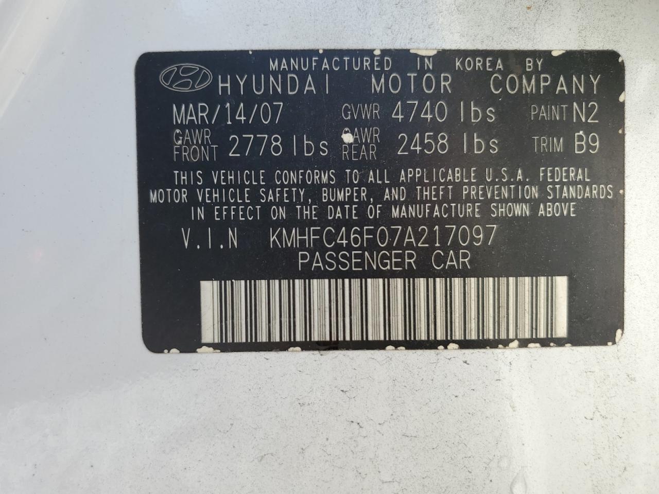 2007 Hyundai Azera Se VIN: KMHFC46F07A217097 Lot: 62909955