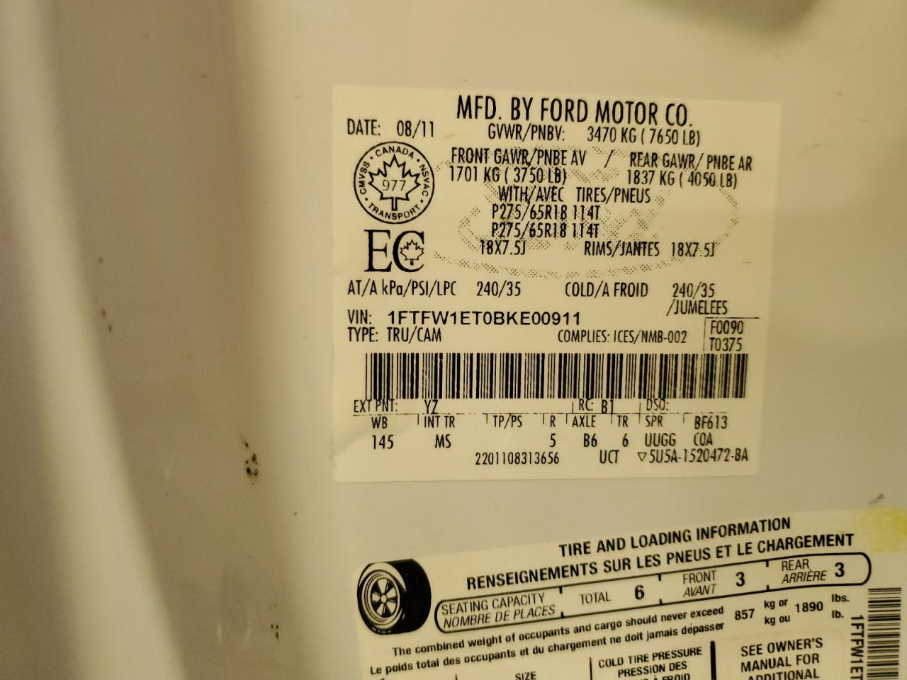 2011 Ford F150 Supercrew VIN: 1FTFW1ET0BKE00911 Lot: 59752995