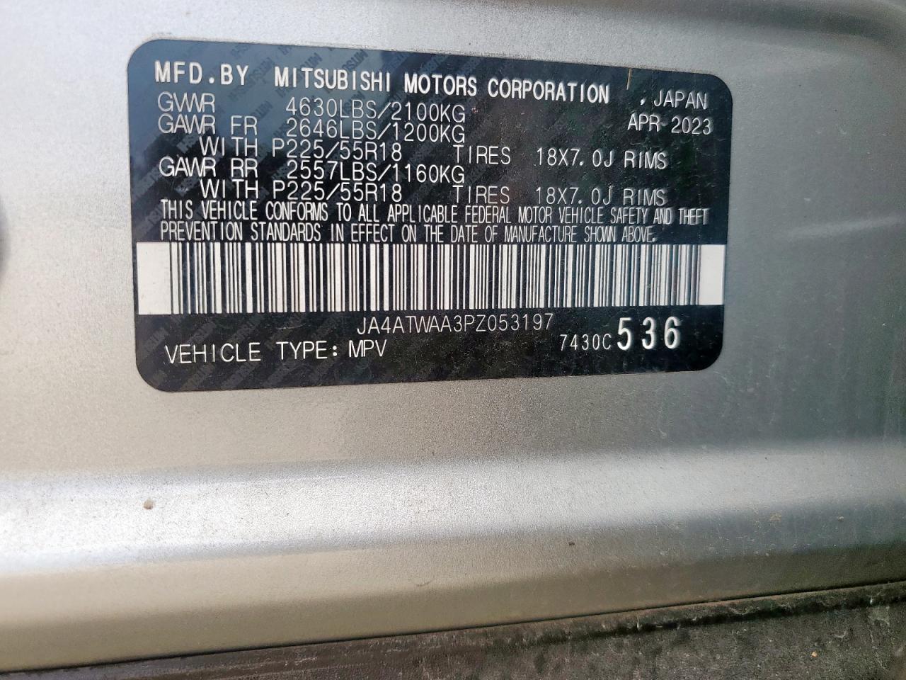 2023 Mitsubishi Eclipse Cross Se VIN: JA4ATWAA3PZ053197 Lot: 59697995