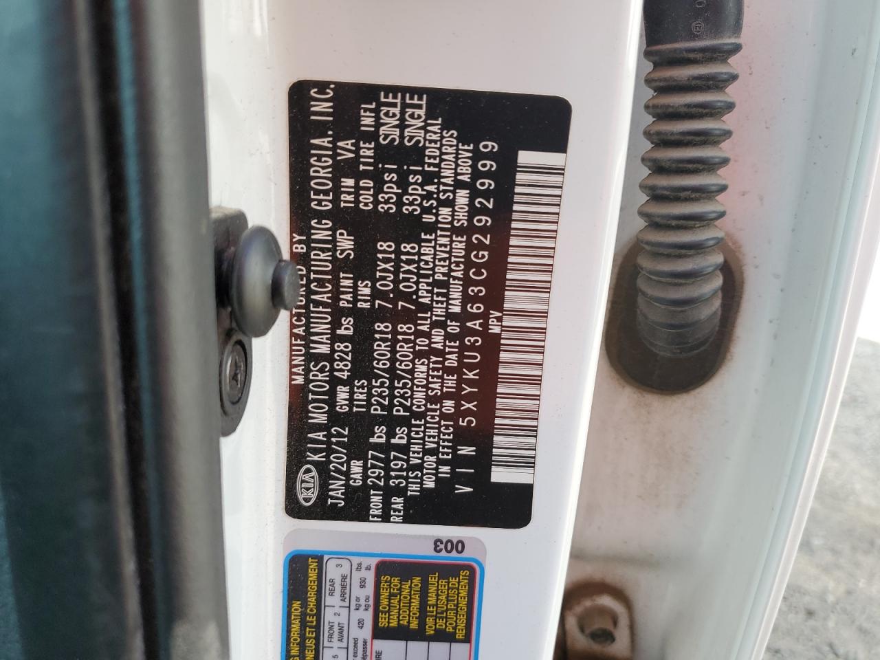2012 Kia Sorento Ex VIN: 5XYKU3A63CG292999 Lot: 61253675
