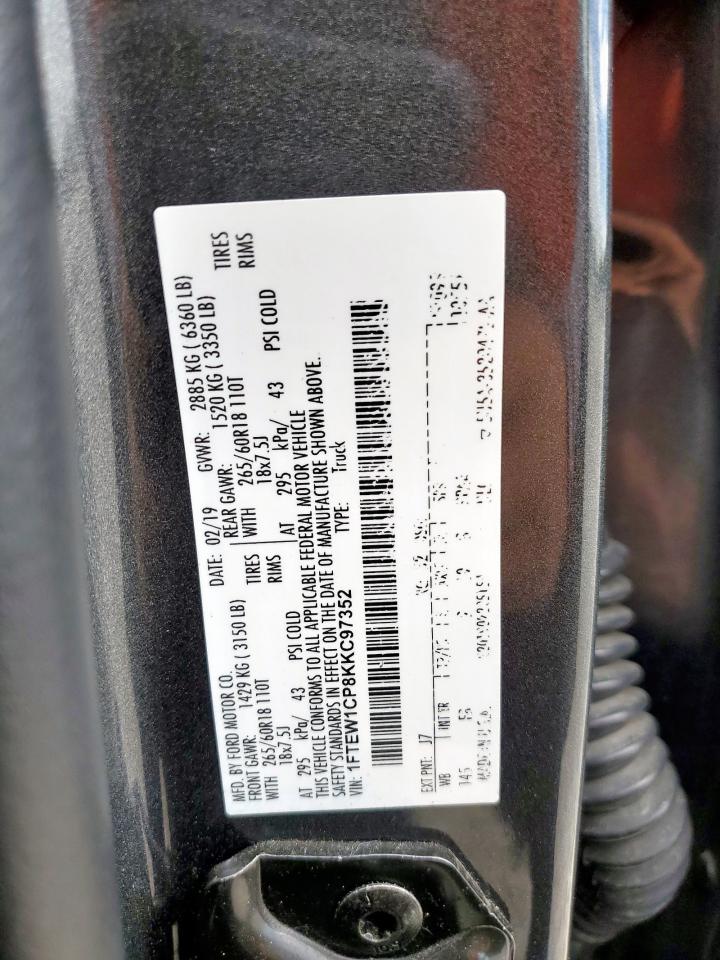 2019 Ford F150 Supercrew VIN: 1FTEW1CP8KKC97352 Lot: 58803615