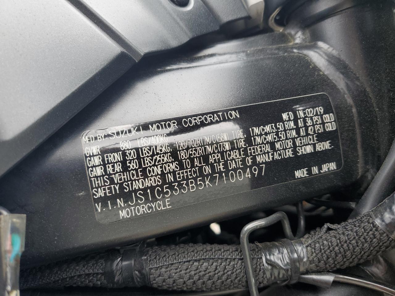 2019 Suzuki Gsx-S750 M VIN: JS1C533B5K7100497 Lot: 60256915