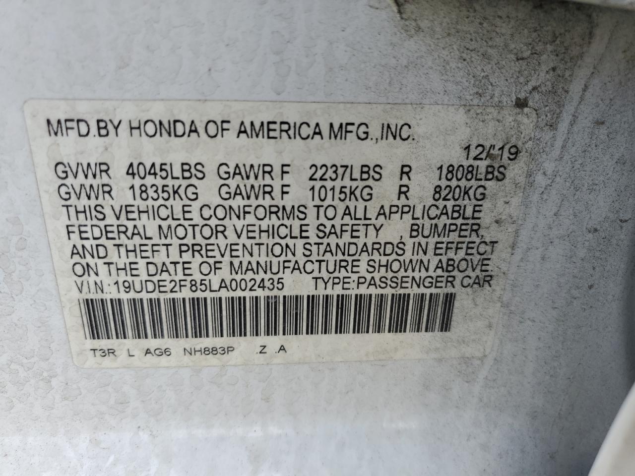 2020 Acura Ilx Premium A-Spec VIN: 19UDE2F85LA002435 Lot: 59617345