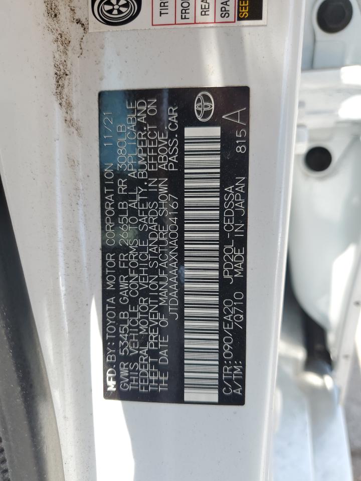 2022 Toyota Mirai Le VIN: JTDAAAAAXNA004167 Lot: 62034405
