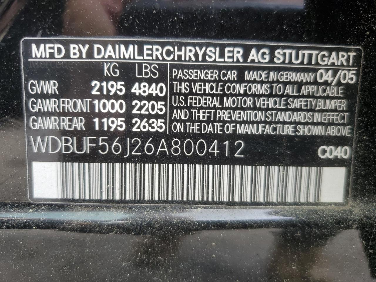 2006 Mercedes-Benz E 350 VIN: WDBUF56J26A800412 Lot: 61412885