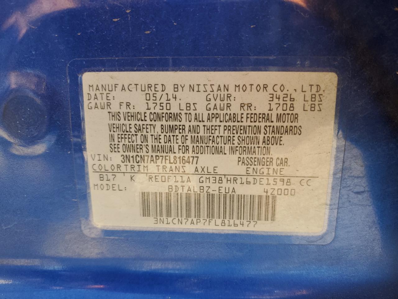 NISSAN VERSA 2015 VIN 3N1CN7AP7FL816477 photo 12