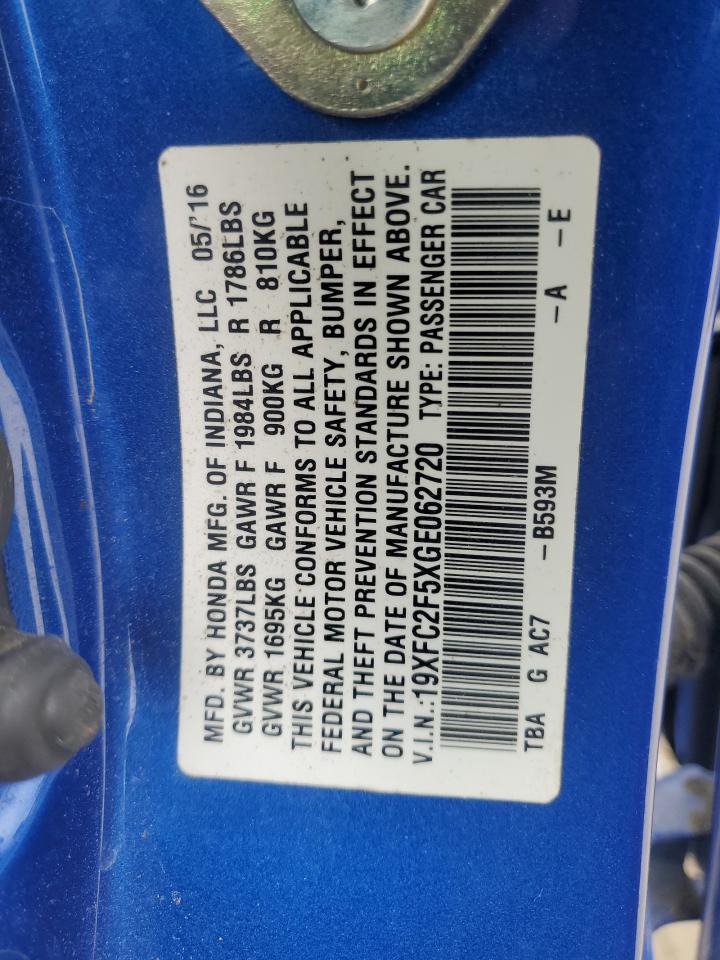 2016 Honda Civic Lx VIN: 19XFC2F5XGE062720 Lot: 61972915