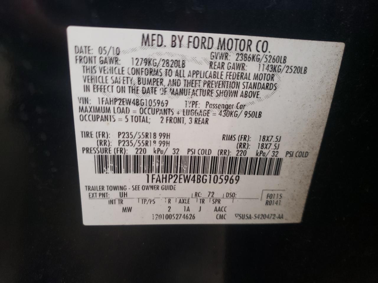2011 Ford Taurus Sel VIN: 1FAHP2EW4BG105969 Lot: 62725775