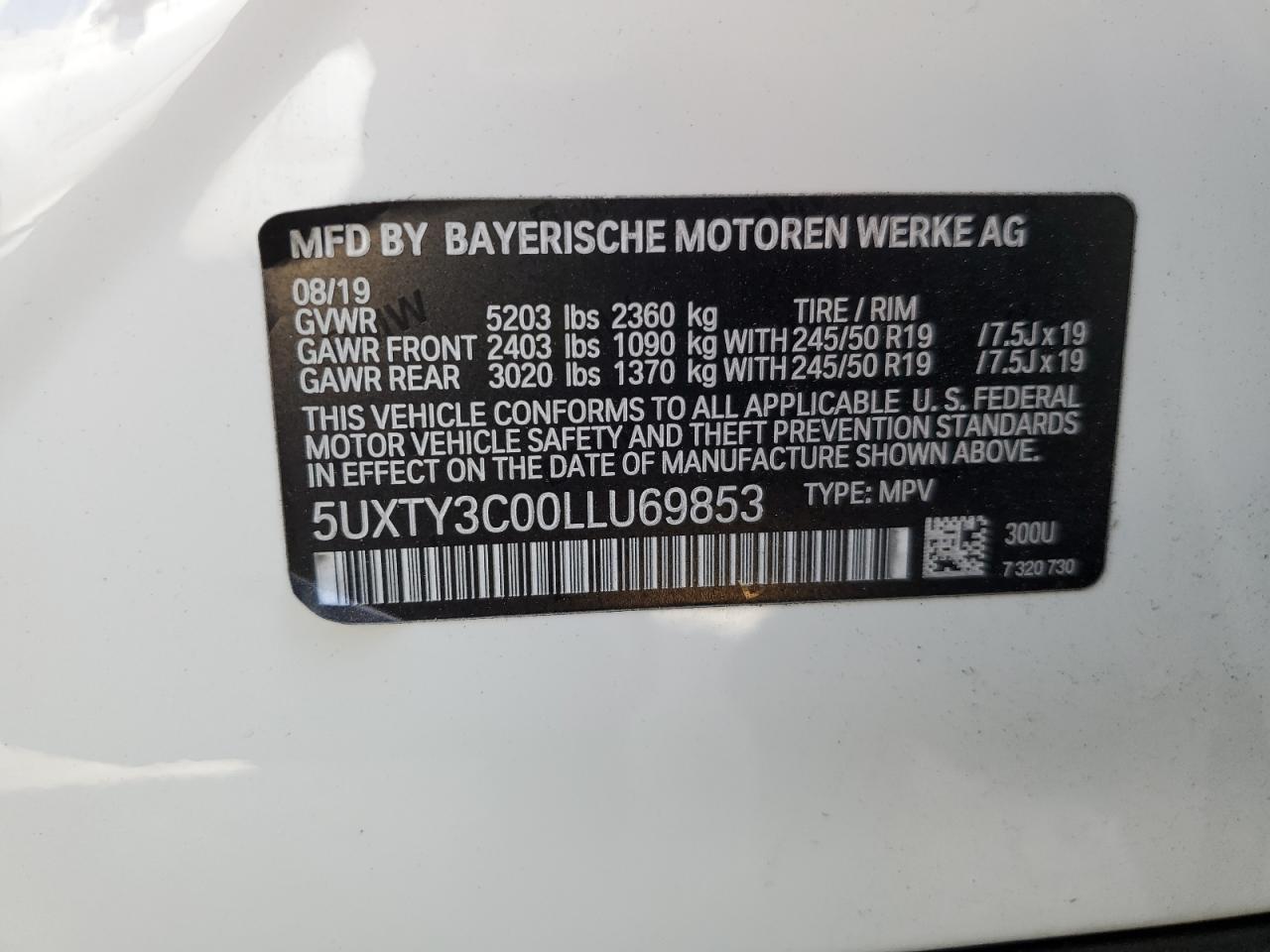 2020 BMW X3 Sdrive30I VIN: 5UXTY3C00LLU69853 Lot: 61461205