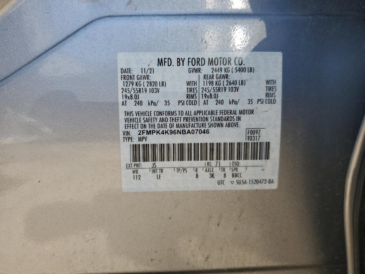 2022 Ford Edge Titanium VIN: 2FMPK4K96NBA07046 Lot: 61473525