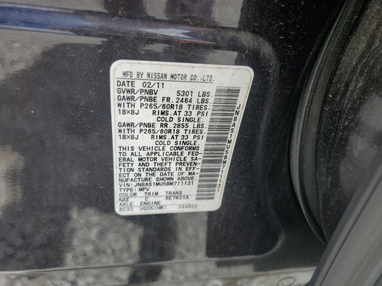 2011 Infiniti Fx35 VIN: JN8AS1MU5BM711131 Lot: 61686995
