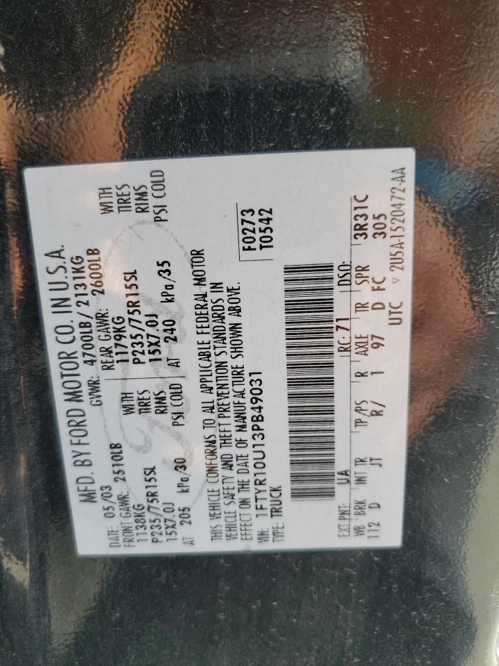 2003 Ford Ranger VIN: 1FTYR10U13PB49031 Lot: 61779795