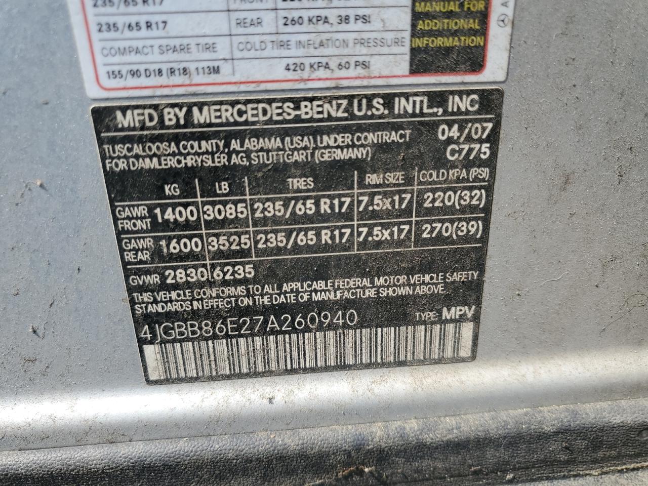 2007 Mercedes-Benz Ml 350 VIN: 4JGBB86E27A260940 Lot: 60740475