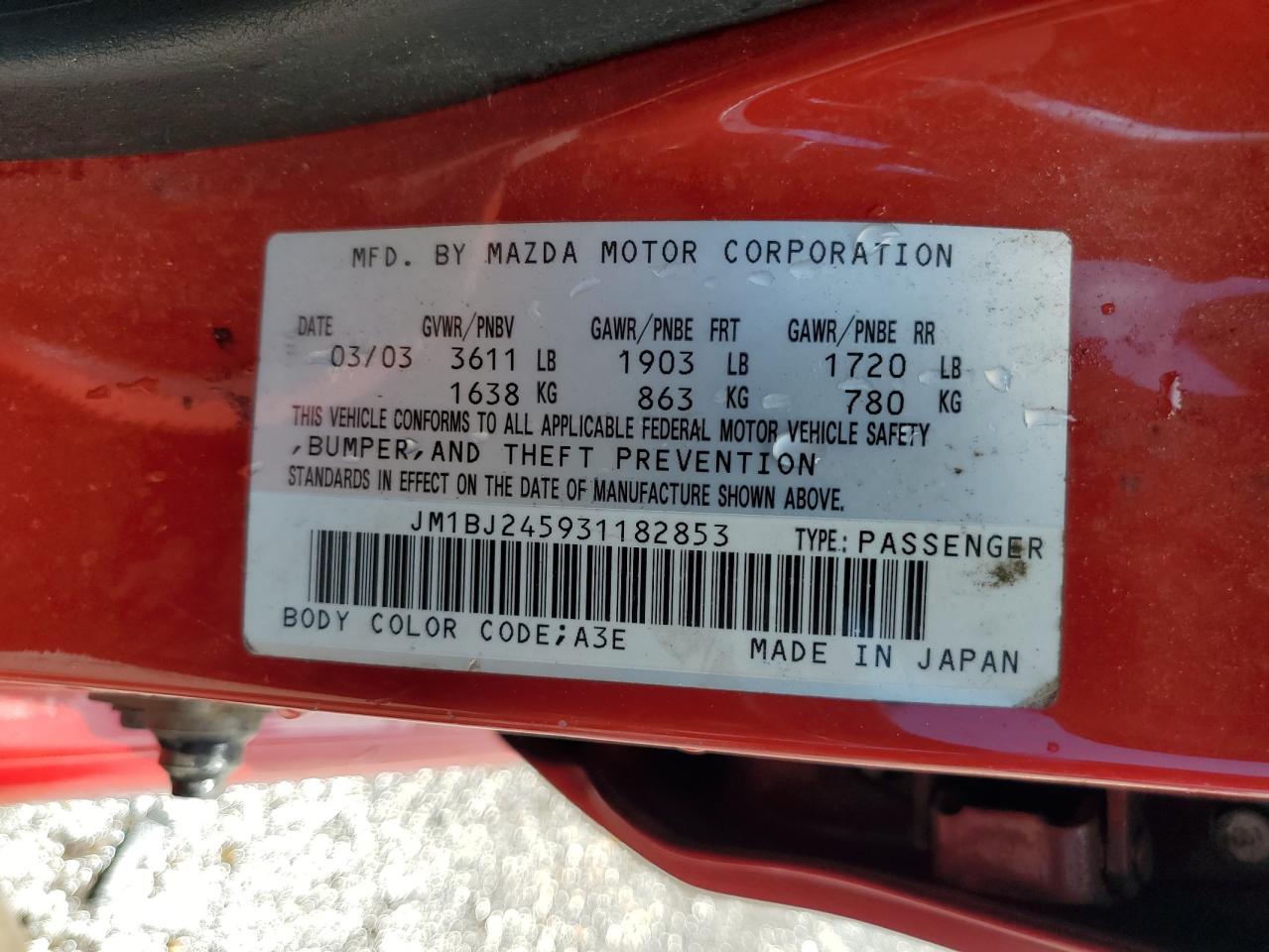 2003 Mazda Protege Pr5 VIN: JM1BJ245931182853 Lot: 59587505