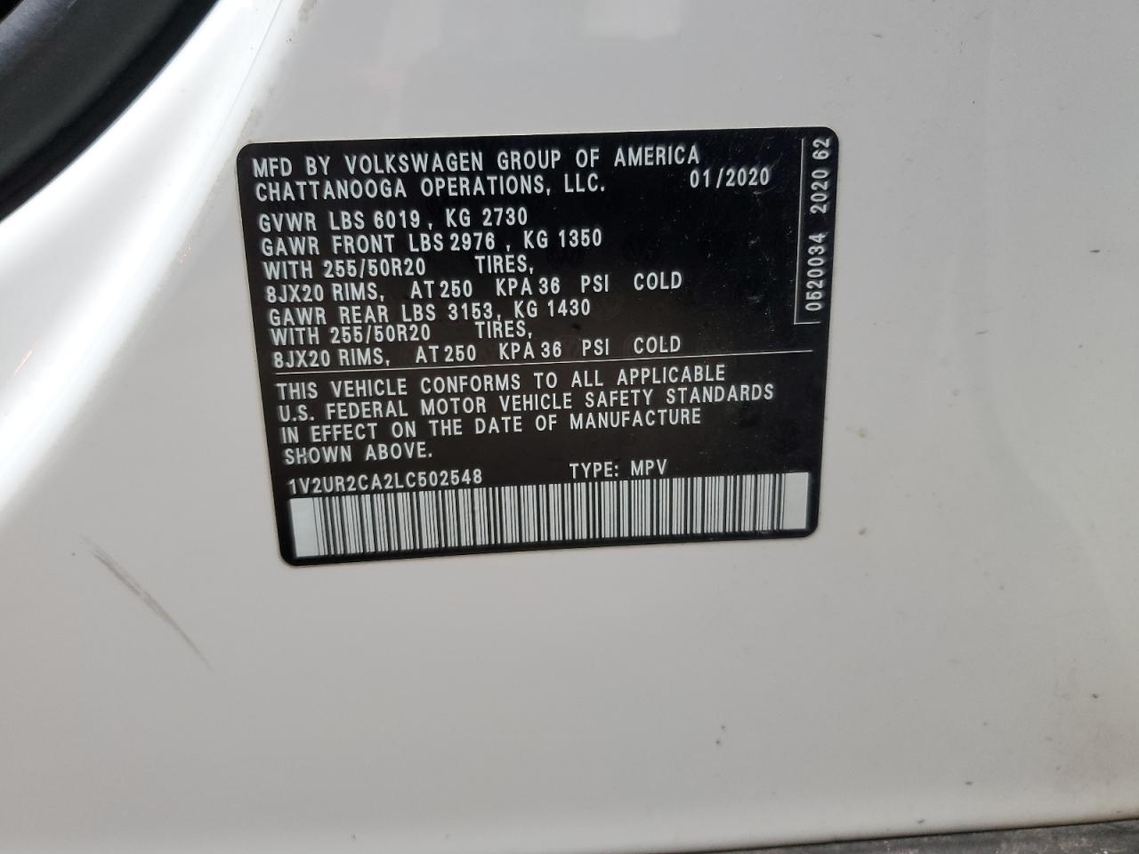 2020 Volkswagen Atlas Se VIN: 1V2UR2CA2LC502548 Lot: 61677595