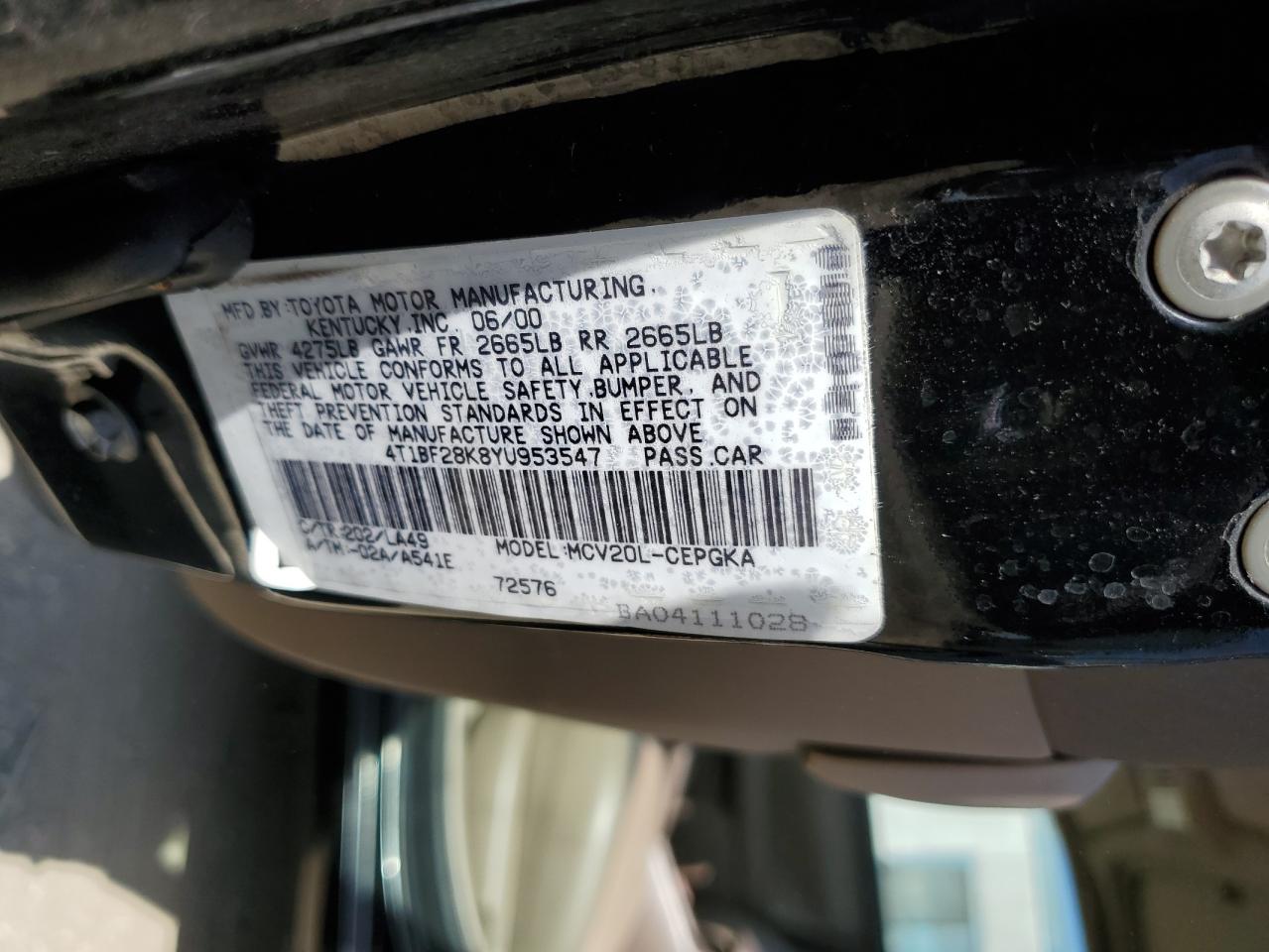 2000 Toyota Camry Le VIN: 4T1BF28K8YU953547 Lot: 62031465
