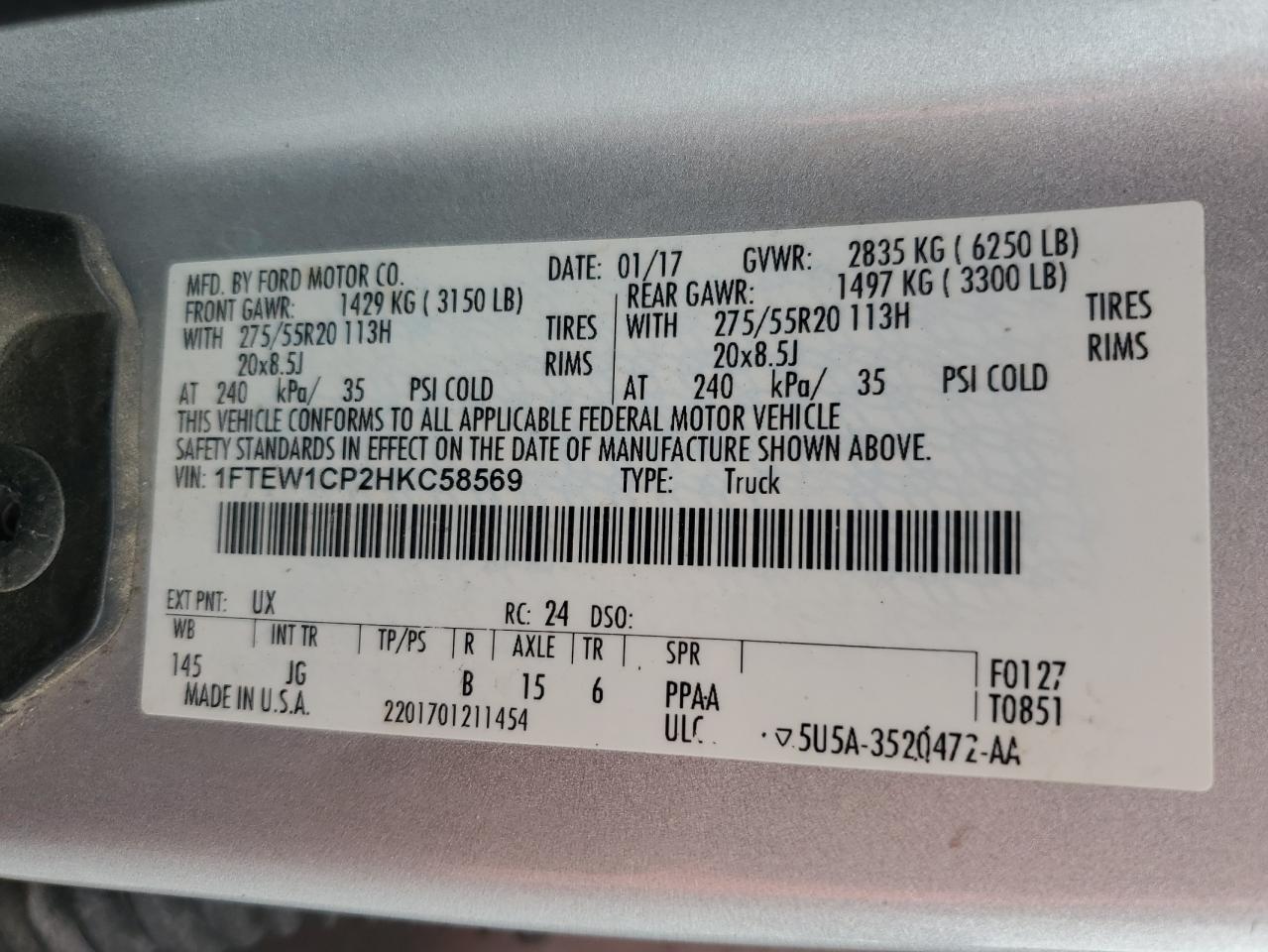 2017 Ford F150 Supercrew VIN: 1FTEW1CP2HKC58569 Lot: 63046395