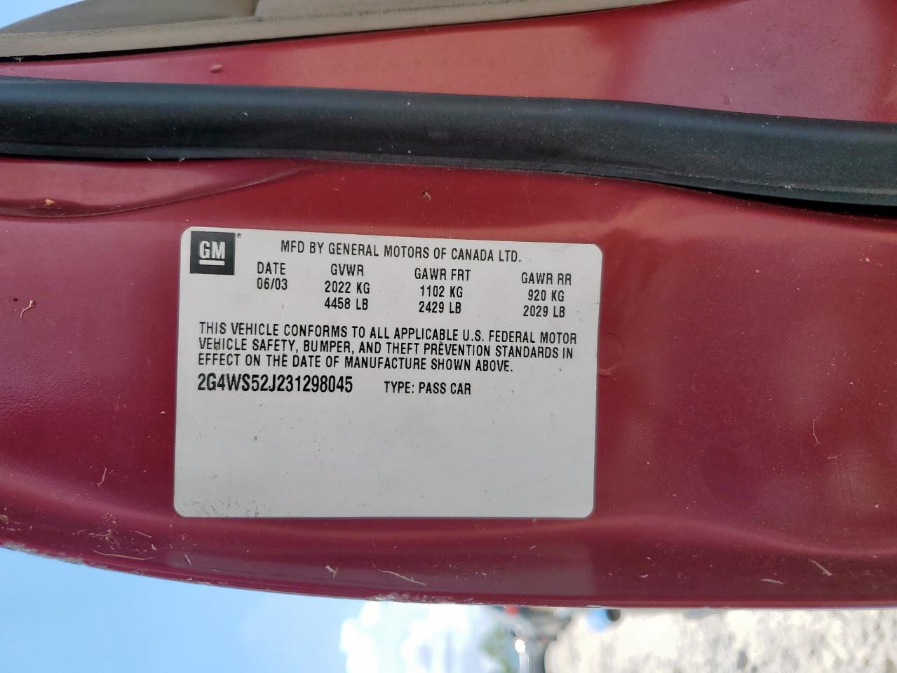 2003 Buick Century Custom VIN: 2G4WS52J231298045 Lot: 62201355