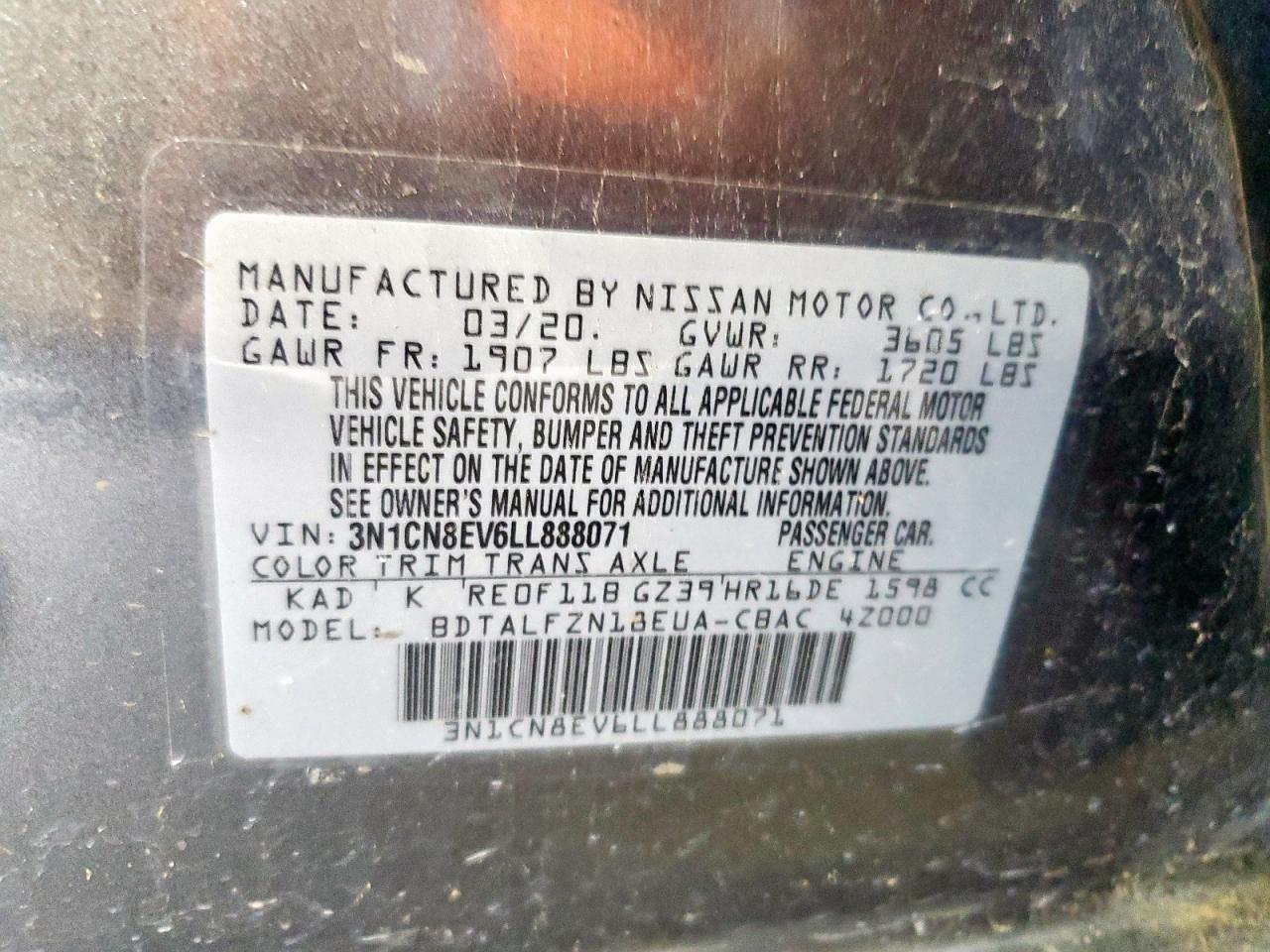 2020 Nissan Versa Sv VIN: 3N1CN8EV6LL888071 Lot: 62698355