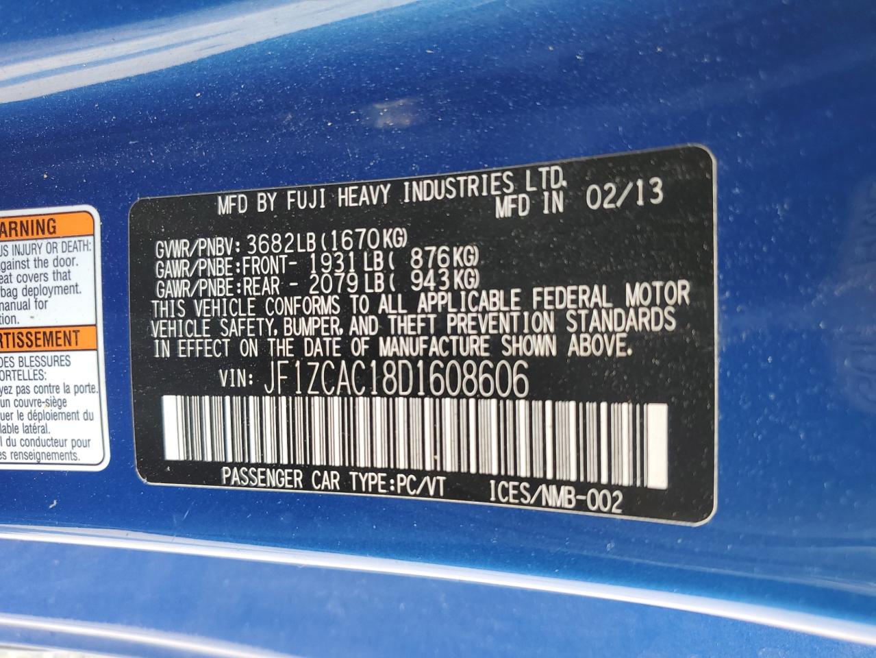 2013 Subaru Brz 2.0 Limited VIN: JF1ZCAC18D1608606 Lot: 62555185