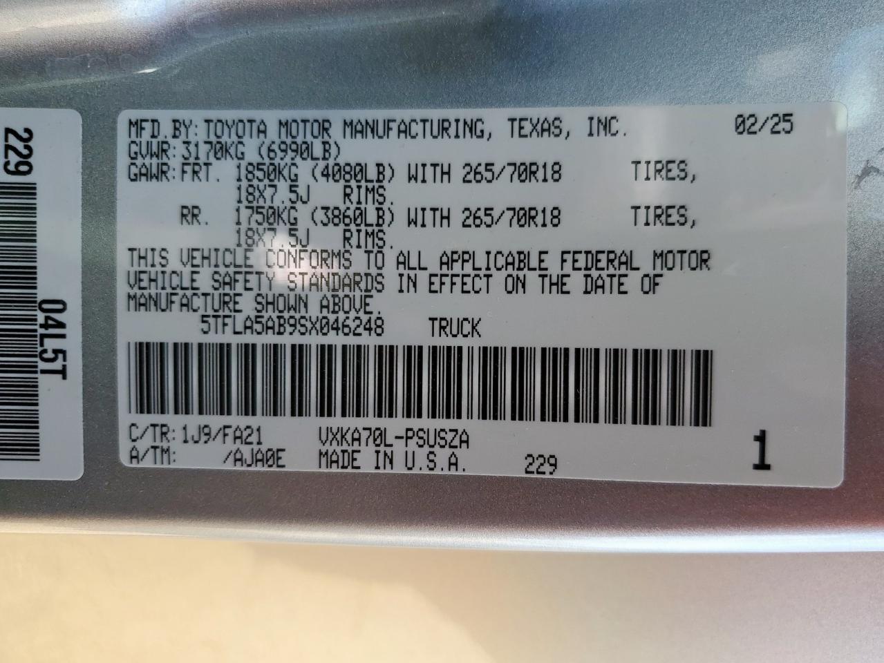 2025 Toyota Tundra Crewmax Sr VIN: 5TFLA5AB9SX046248 Lot: 62571985