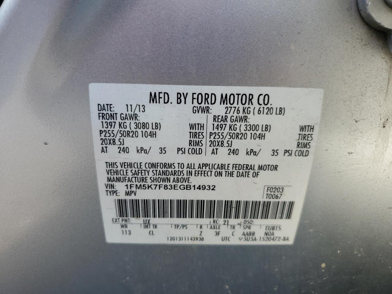 2014 Ford Explorer Limited VIN: 1FM5K7F83EGB14932 Lot: 62904465