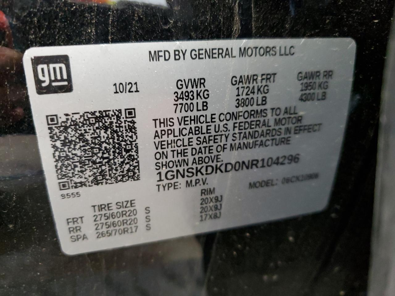 2022 Chevrolet Suburban K1500 Z71 VIN: 1GNSKDKD0NR104296 Lot: 62357145