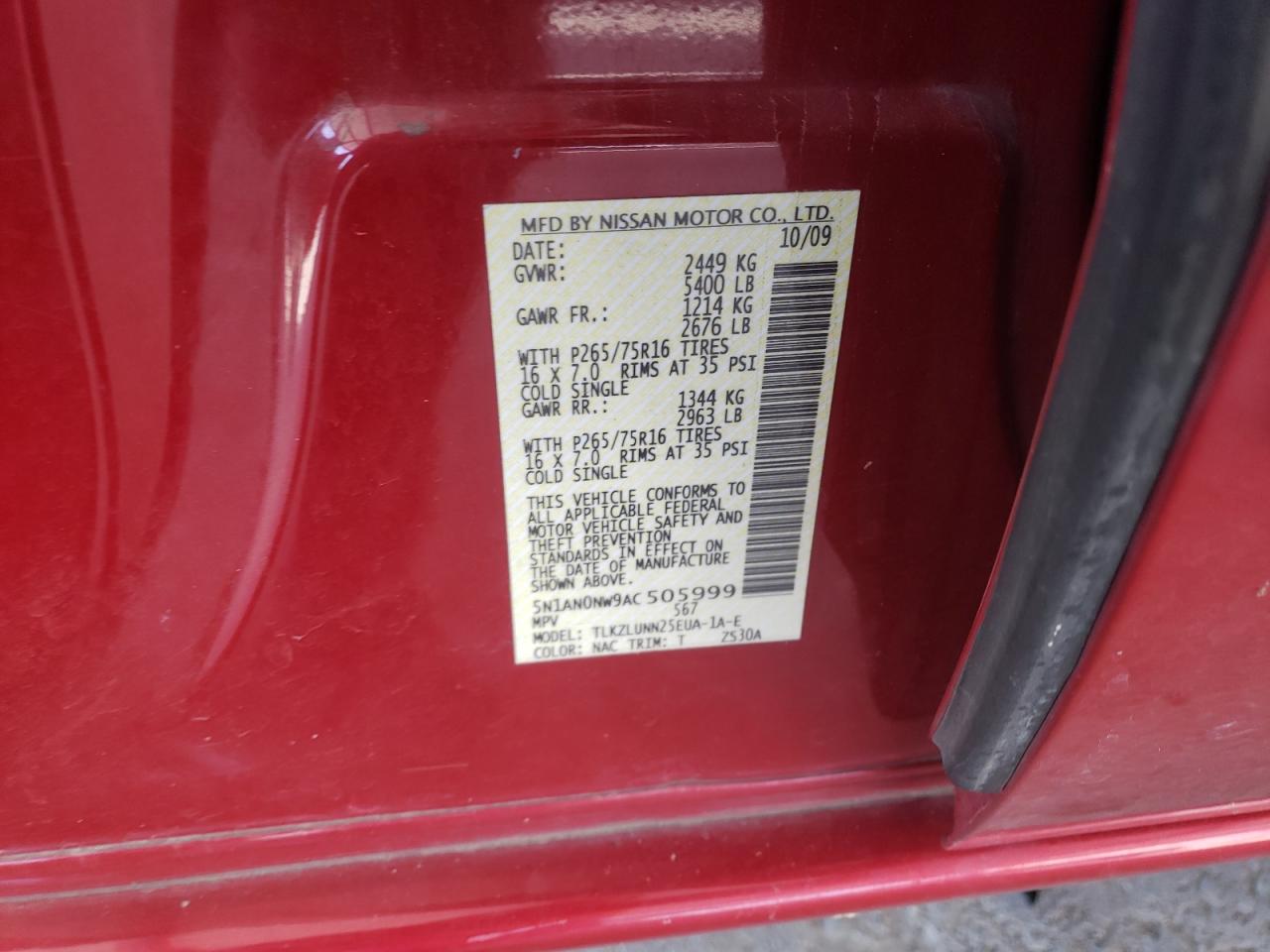2010 Nissan Xterra Off Road VIN: 5N1AN0NW9AC505999 Lot: 61307785