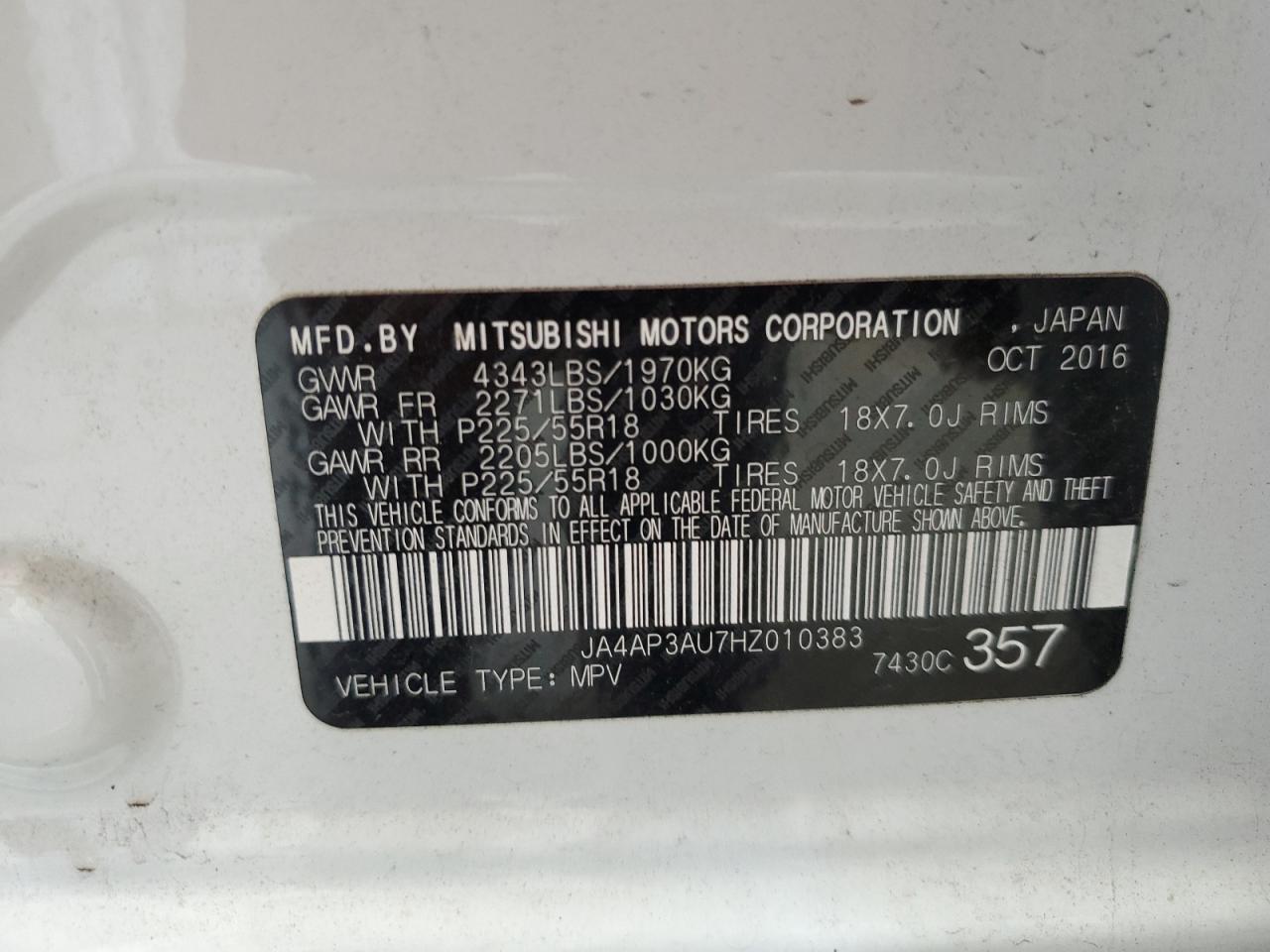2017 Mitsubishi Outlander Sport Es VIN: JA4AP3AU7HZ010383 Lot: 62090485