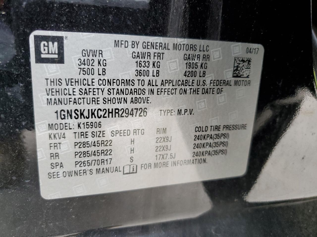 2017 Chevrolet Suburban K1500 Premier VIN: 1GNSKJKC2HR294726 Lot: 61134725