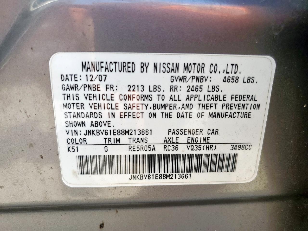 2008 Infiniti G35 VIN: JNKBV61E88M213661 Lot: 59366415