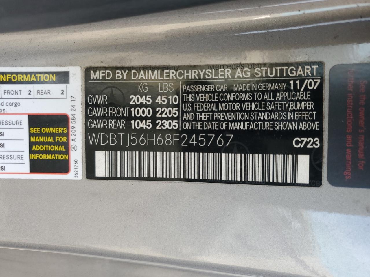 2008 Mercedes-Benz Clk 350 VIN: WDBTJ56H68F245767 Lot: 59721585