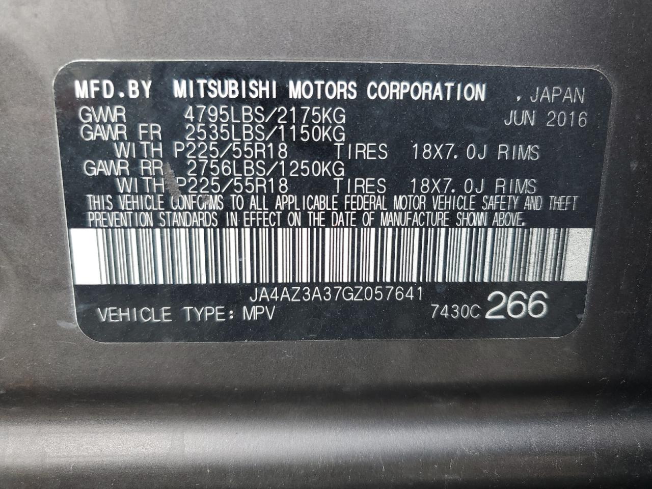 2016 Mitsubishi Outlander Se VIN: JA4AZ3A37GZ057641 Lot: 61936725