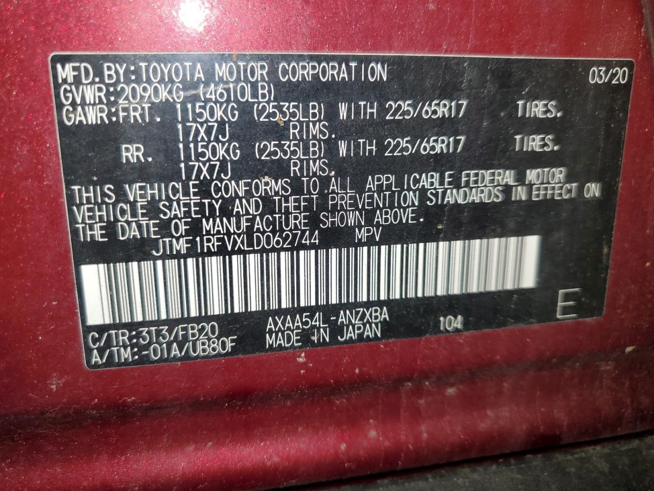 2020 Toyota Rav4 Le VIN: JTMF1RFVXLD062744 Lot: 60003685