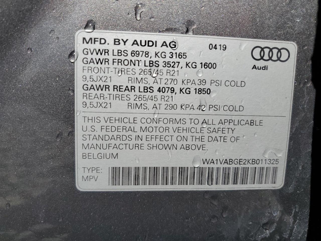 2019 Audi E-Tron Prestige VIN: WA1VABGE2KB011325 Lot: 62495945