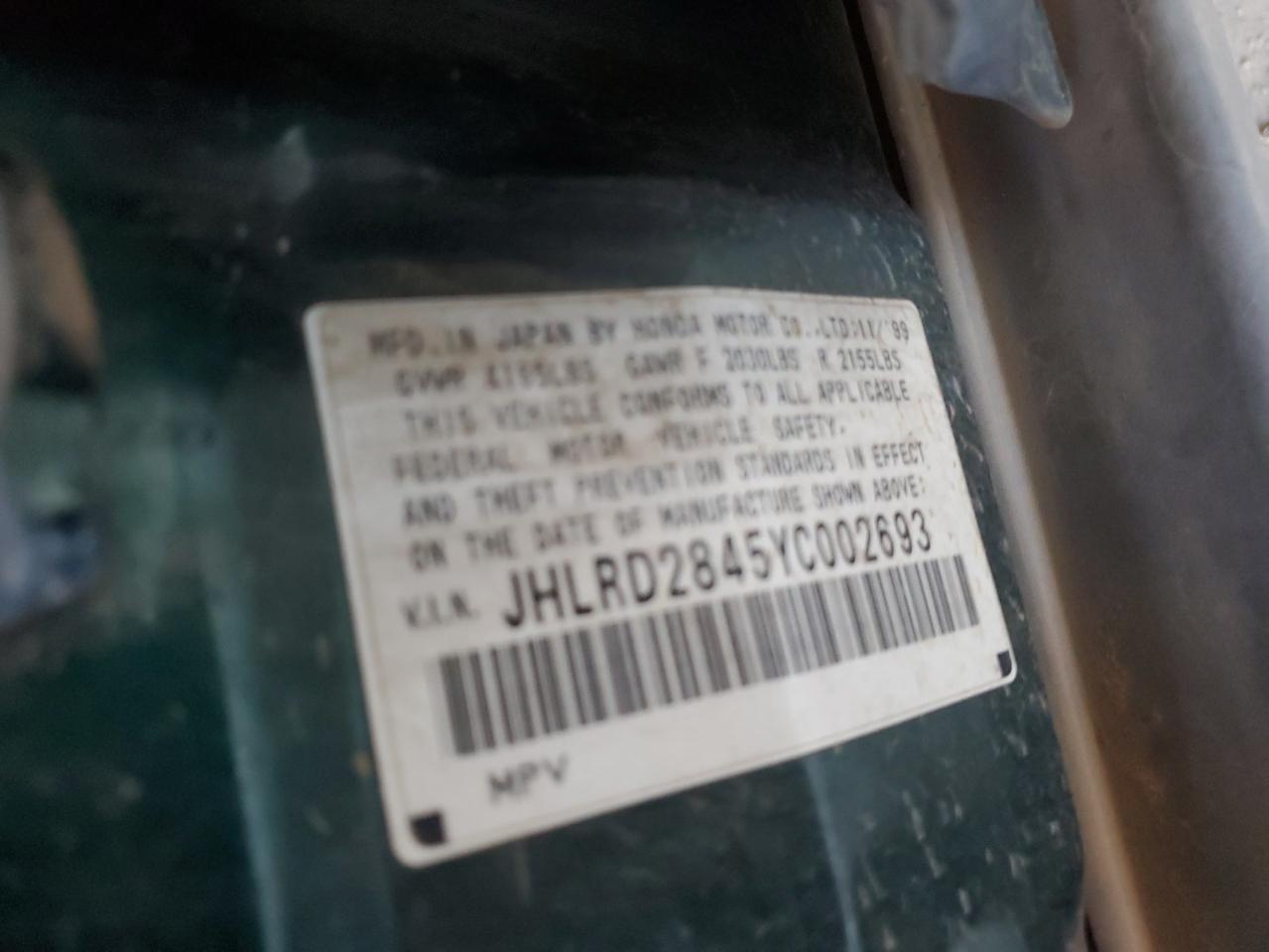 2000 Honda Cr-V Lx VIN: JHLRD2845YC002693 Lot: 62133335